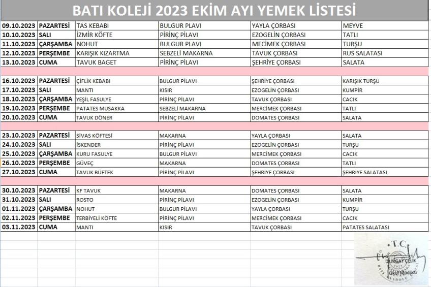 (2023) EKİM AYI - YEMEK LİSTESİ